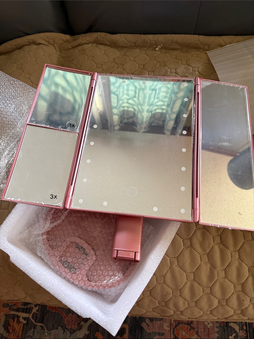 Foldable Pink LED Tri-Panel Makeup Mirror with 3x Magnification